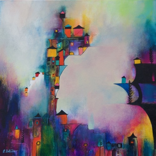 Abstract painting of houses on a hill by Laurie DeVault