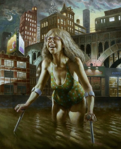 Painting of a woman with arm arm canes in a pool in the city by Richard Pantell