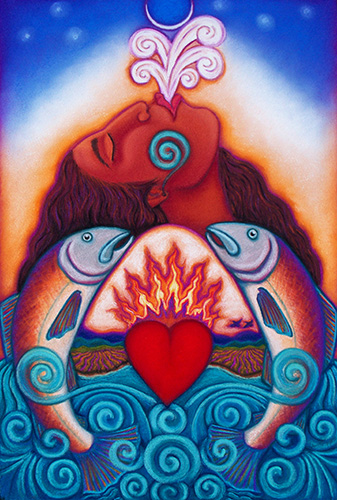 Symbolic soft pastel of a woman, two salmon and a heart by Julie Higgins