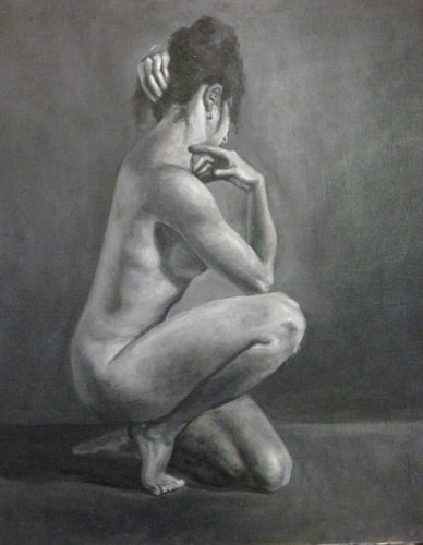 Oil portrait in black and white of a nude female by Edi Matsumoto