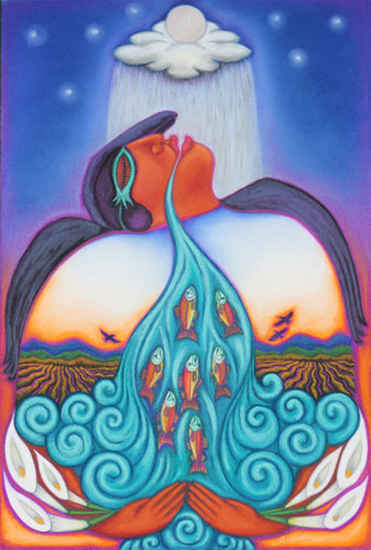 Symbolic soft pastel with a woman, moon and river with fish by Julie HIggins