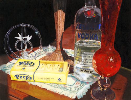 Still Life painting of liquor, Peeps and vases by Lynne Reichhart