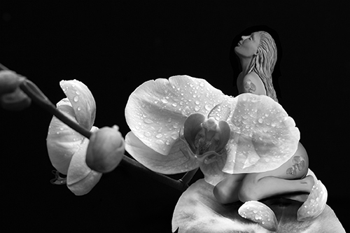 Black and White photograph of a sculpture of a female nude and flowers by Bonnie Kamhi