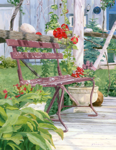 Painting of a bench outside a book shop by Lynne Reichhart