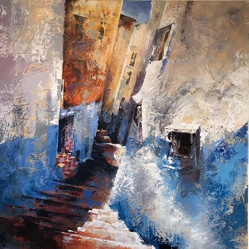 Abstract painting of steps in a village by Stephanie Aarons
