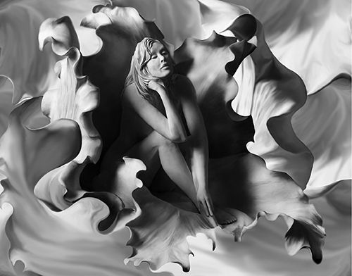 Black and White photograph of a sculpture of a female nude and flowers by Bonnie Kamhi