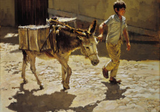 Painting of a boy leading a burro