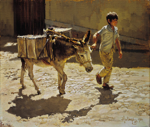 Painting of a boy leading a burro