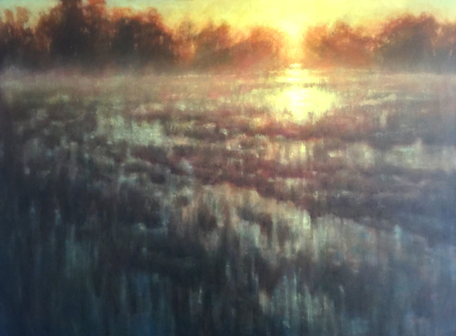 Oil landscape painting of a sunlit marsh by Michael Orwick