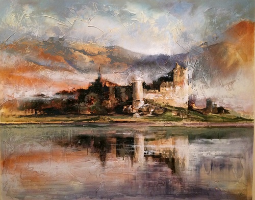 Abstract painting of the Castle on the Lake by Stephanie Aarons