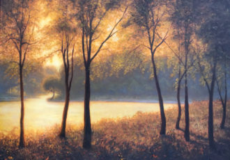 Oil landscape painting of sunlight through trees by Michael Orwick