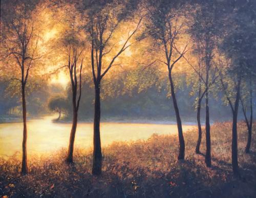 Oil landscape painting of sunlight through trees by Michael Orwick