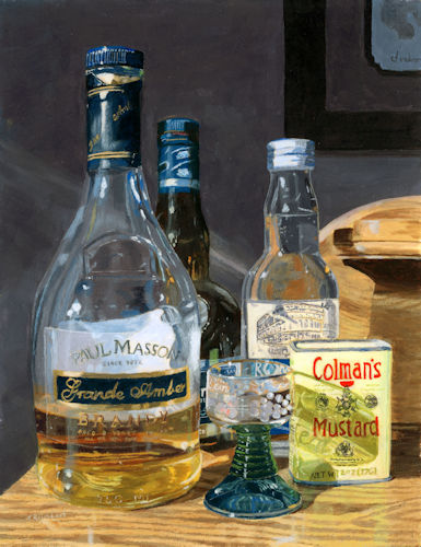 Still life of liquor bottles, glasses and mustard by Lynne Reichhart