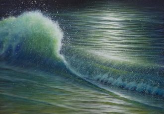 painting of a wave crashing on the shore by Mark Waller