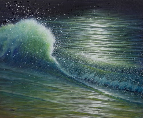 painting of a wave crashing on the shore by Mark Waller