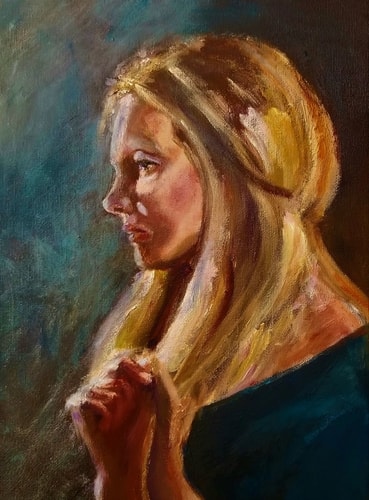 oil portrait of a young woman daydreaming by Courtney Panzer