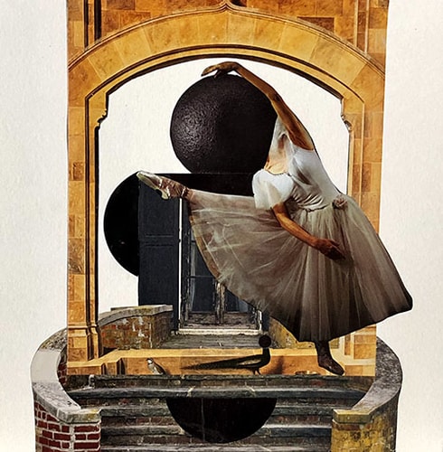 Abstract collage on panel featuring a ballet dancer by RoseMarie Davio