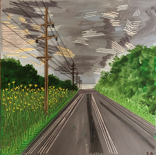 Embroidery painting of a country road in Oklahoma by Irmgard Geul