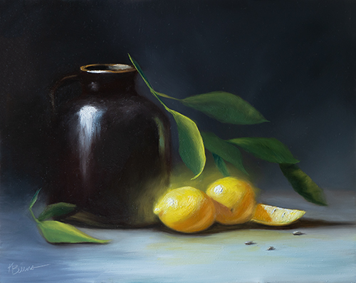 Still life painting of an ewer and lemons by Karen Burns