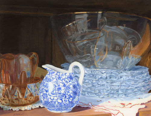 Still life of carnival glass plates, glasses and pitcher by Lynne Reichhart