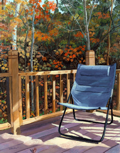 Landscape painting of a chair on a deck by Lynne Reichhart