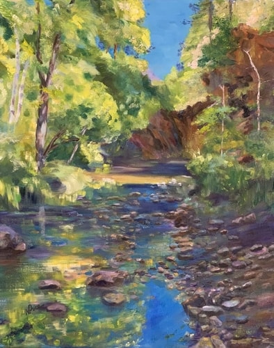 Oil painting of a pebbled brook in a woods by Nancy Price