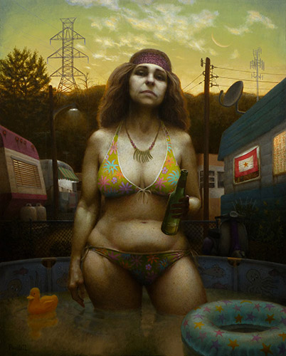 Painting of a woman in a trailer park pool by Richard Pantell