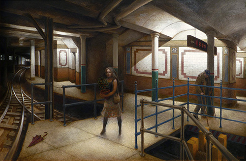 Painting of a subway station platform with a solitary figure by Richard Pantell