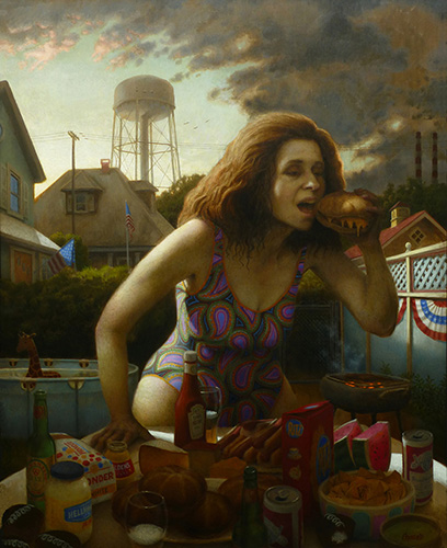 Oil painting of a woman in a bathing suit eating hotdogs on Memorial Day by Richard Pantell