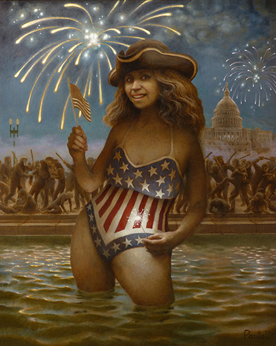 Painting of a woman in a patriotic bathing suit in the reflecting pond in DC by Richard Pantell