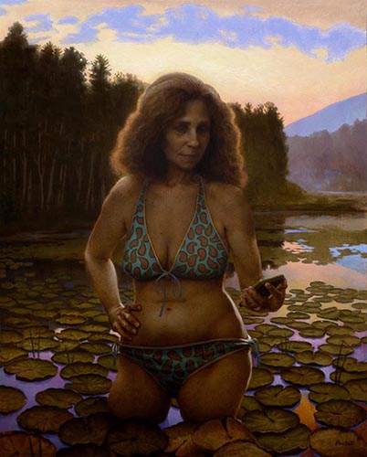 Painting of a female bather in a lily pond by Richard Pantell