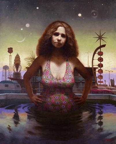 Oil painting of a woman in a pool in front of an amusement park by Richard Pantell