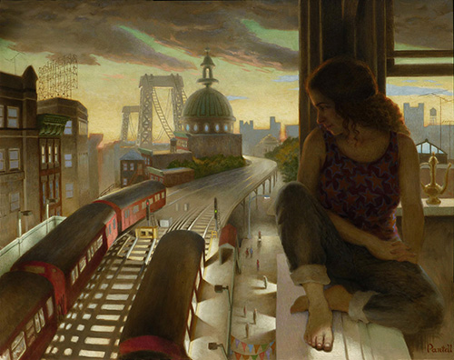 Painting of a woman looking over an el train by Richard Pantell