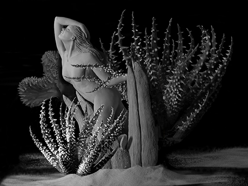 Black and White photograph of a sculpture of a female nude and flowers by Bonnie Kamhi