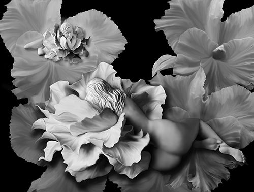 Black and White photograph of a sculpture of a female nude and flowers by Bonnie Kamhi