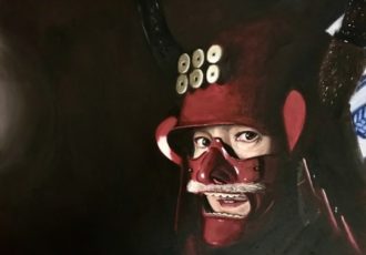 Oil painting of a woman with a Samurai helmet by Edi Matsumoto