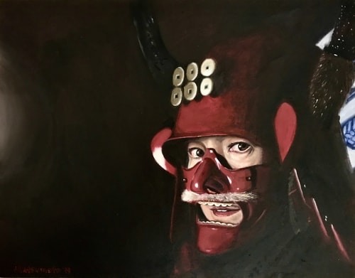 Oil painting of a woman with a Samurai helmet by Edi Matsumoto