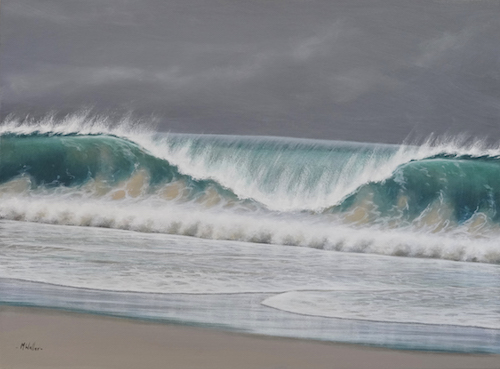 painting of a wave hitting the beach by Mark Waller