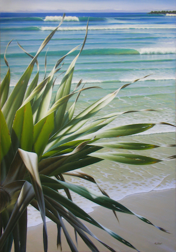 painting of the ocean and a palm tree by Mark Waller