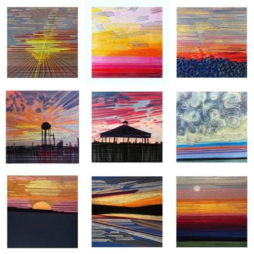 Embroidery painting series of sunrises and sunsets by Irmgard Geul