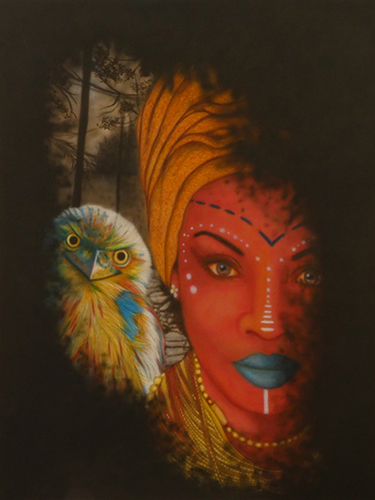 Airbrushed ink portrait of a woman wearing a turban with a bird on her shoulder by Teresa Franks
