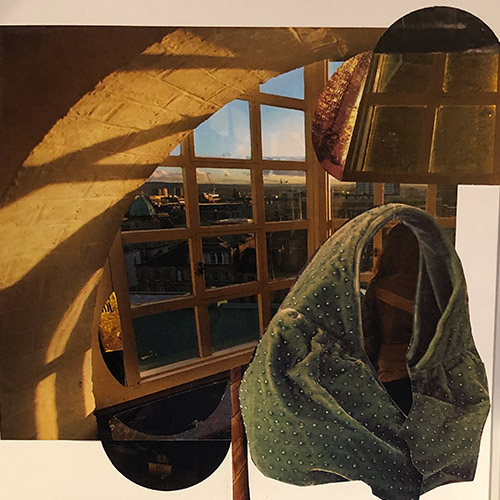 Abstract collage on panel featuring a window and a shawl by RoseMarie Davio
