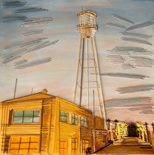 Embroidery painting of the old water tower downtown by Irmgard Geul