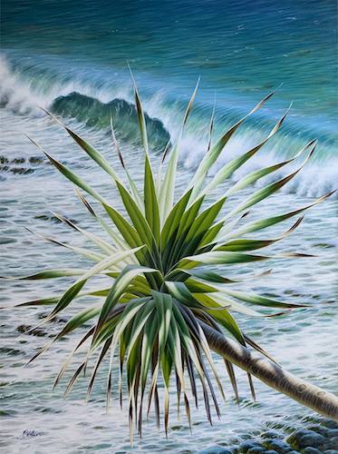 painting of a palm tree over the ocean by Mark Waller
