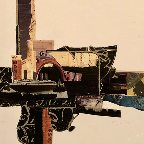 Abstract collage on panel featuring the Titanic by RoseMarie Davio