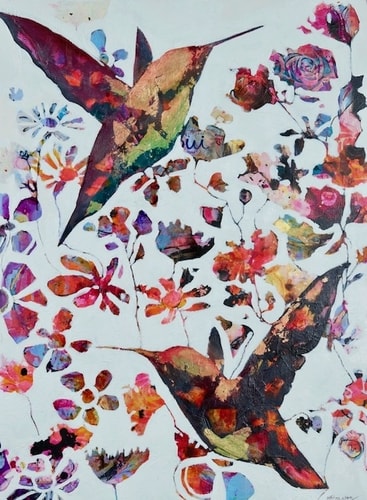 Painting of flowers and hummingbirds by Melanie Ferguson