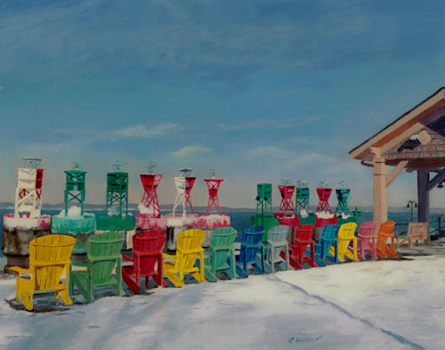 Acrylic painting of beach chairs on the boardwalk in winter by Lynne Reichhart