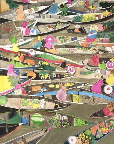 Mixed media image of boats with market goods in Banjarmasin by Whitney Sanford