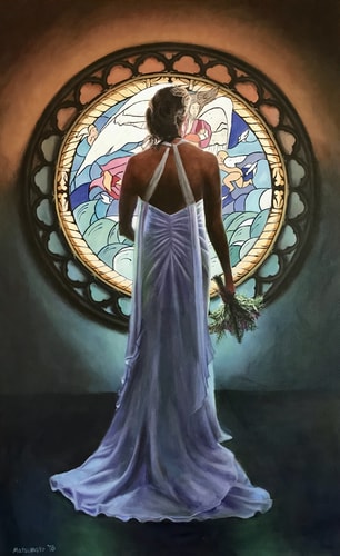 Oil portrait of a bride in front of a stained glass window by Edi Matsumoto