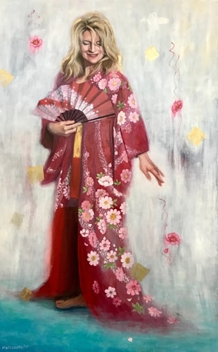 Oil portrait of a blonde woman in traditional Japanese clothing by Edi Matsumoto